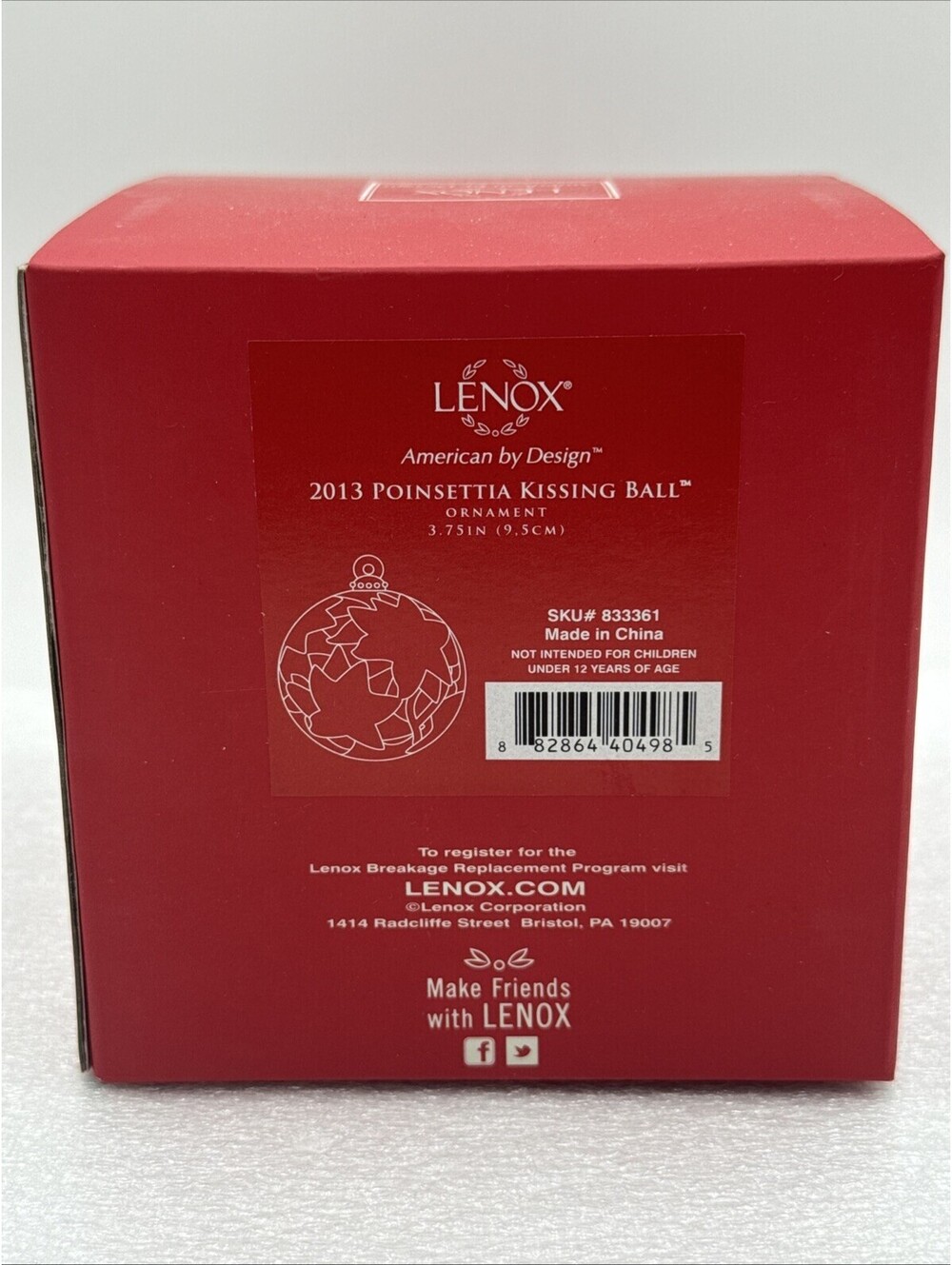 Lenox 2013 Annual Poinsettia Kissing Ball 3.75” Ornament Pierced Porcelain New